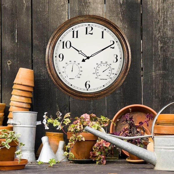 Outdoor Wall Clock Dual Gauges Bronze Stepped Frame Rustic