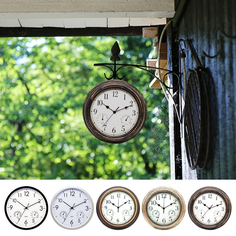 Outdoor Wall Clock Dual Sensor Dials Hanging Bracket Mount