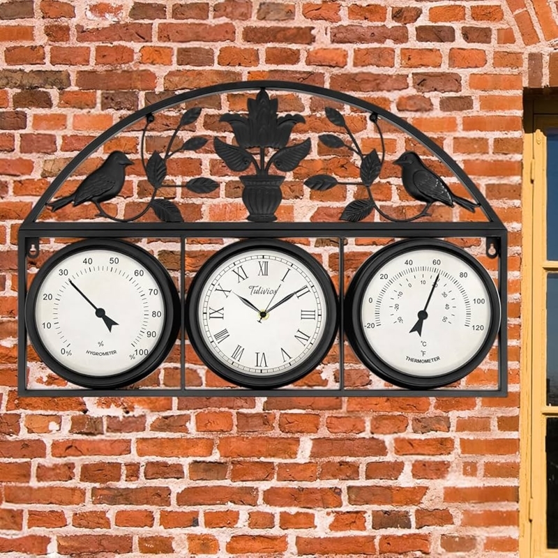 Outdoor Wall Clock Three Dial Station Arched Bird Motif Black