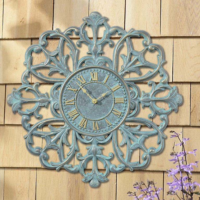 Outdoor Wall Clock Verdigris Blue Filigree Frame Medallion Design