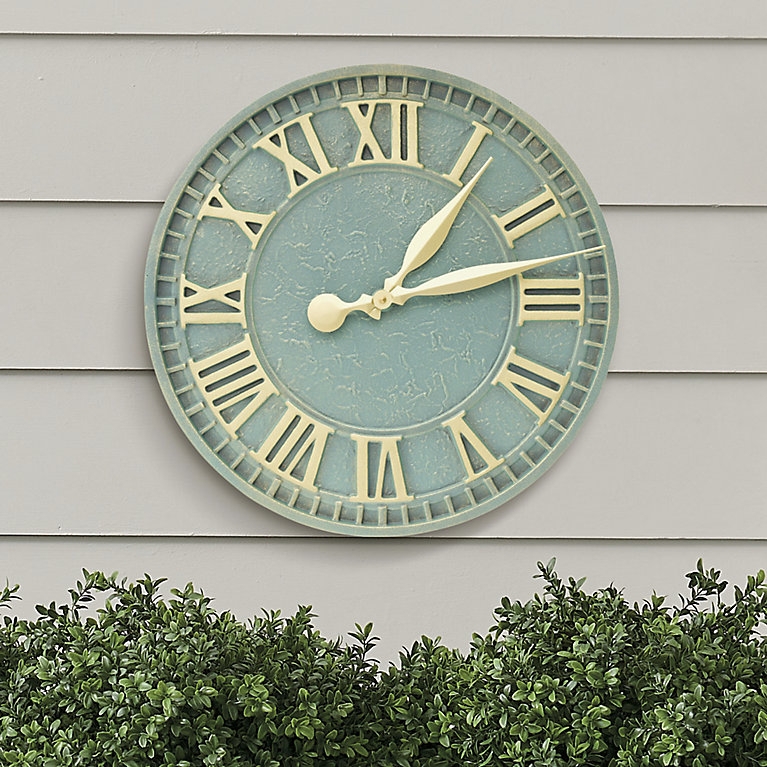 Outdoor Wall Clock Verdigris Finish Raised Roman Numerals Stone