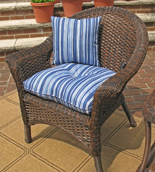 Outdoor Wicker Chair Nautical Blue Striped Cushions Barrel Back Patio