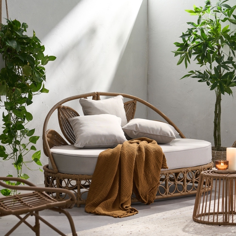 Outdoor Wicker Daybed, Leaf Weave Inserts, Lattice Base, Boho Patio