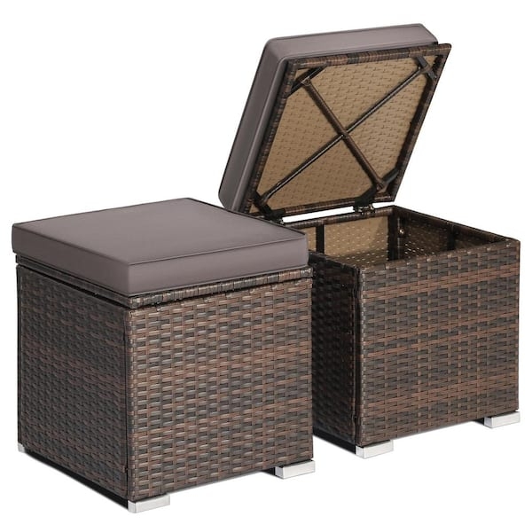Outdoor Wicker Storage Ottoman Set Hinged Lid Grey Cushions