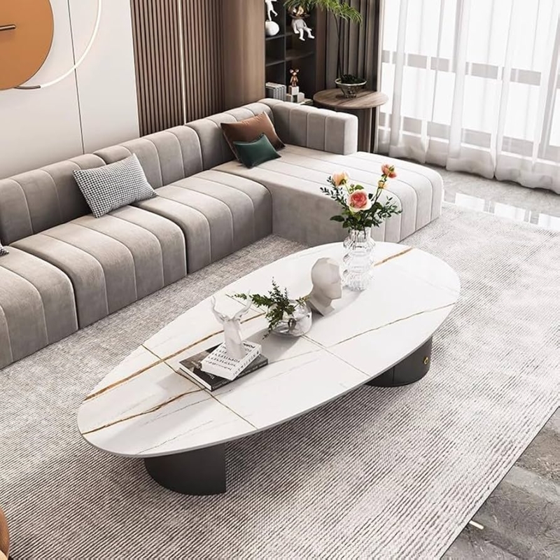 Oval Coffee Table, Gold Veining, Integrated Drawer, Pedestal Base.