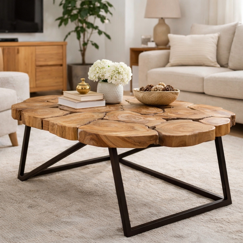Oval Coffee Table Wood Slice Mosaic Geometric Base Cross Brace Frame.
