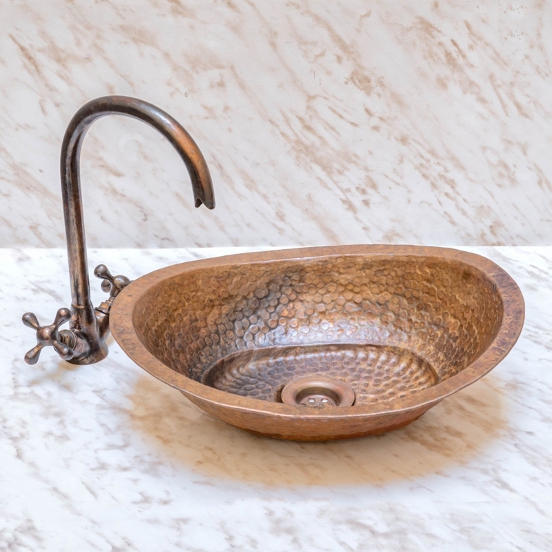 Oval Copper Vanity Sink with Hammered Texture and Antique Patina