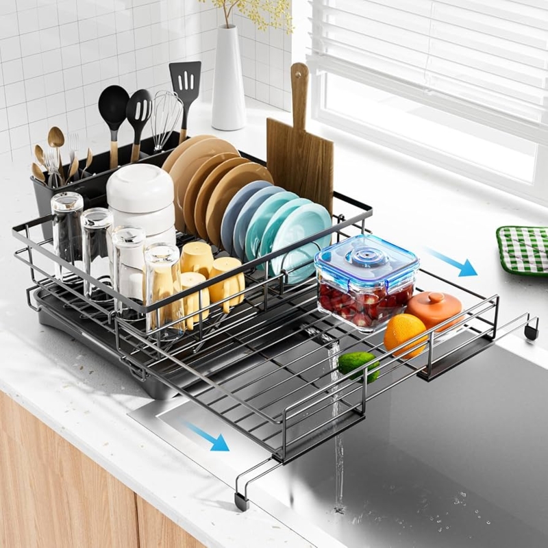 Over-The-Sink Expandable Two-Tier Dish Rack in Matte Black