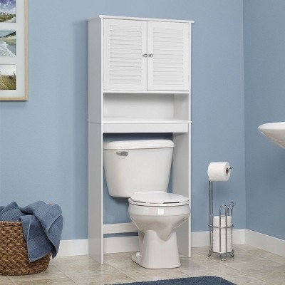 Over The Toilet Cabinet White Louvered Doors Silver Knobs Coastal Style