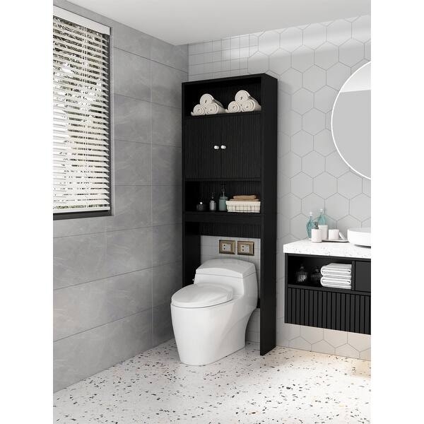 Over The Toilet Storage Contemporary Matte Black Cabinet with Fluted Doors