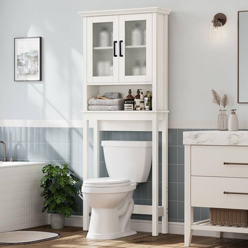 Over The Toilet Storage Cream White Cabinet with Textured Glass Doors