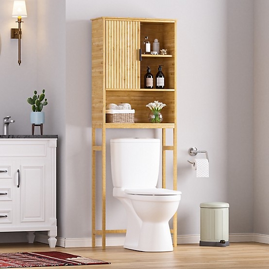 Over The Toilet Storage Honey Wood Slatted Sliding Door Scandinavian Style