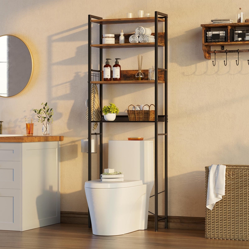 Over The Toilet Storage Industrial Black Metal 4-Tier Rack Side Wire Basket