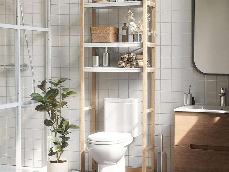 Over The Toilet Storage Scandinavian Slim Frame Matte White and Warm Oak