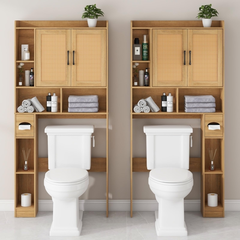 Over Toilet Cabinet Light Oak Rattan Cane Doors and Side Storage Tower