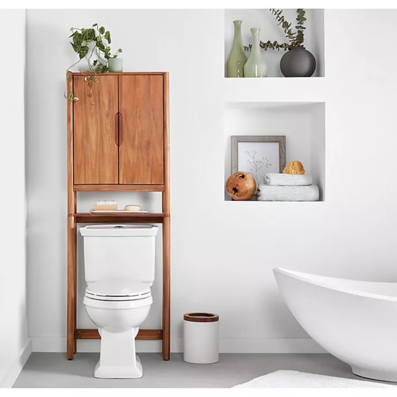 Over Toilet Storage Solid Acacia Wood Two-Door Cabinet Integrated Handles
