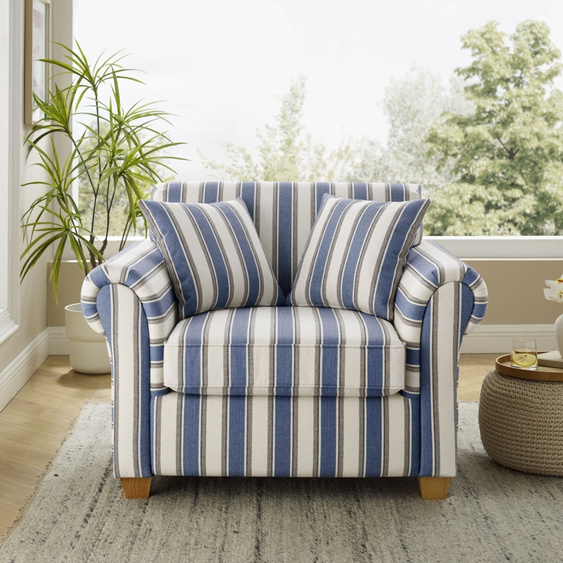 Oversized Accent Chair, Bold Navy Stripe, Rolled Arms, Tapered Legs