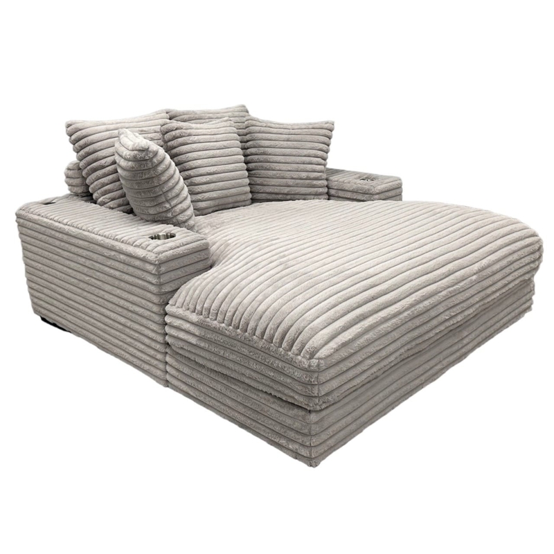Oversized Chaise Grey Ribbed Texture Cup Holder USB Ports Tech Integrated