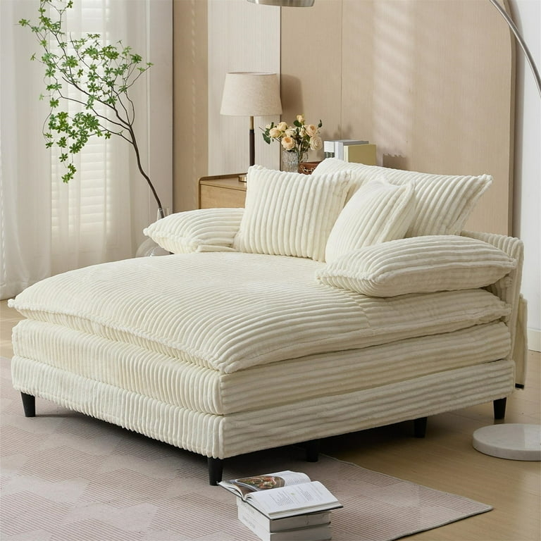 Oversized Chaise Lounge Beige Ribbed Corduroy Dual Layer Cushions Daybed
