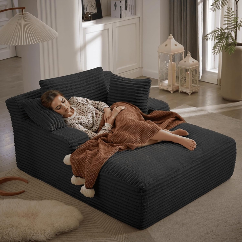 Oversized Chaise Lounge Black Wide Ribbed Texture Boneless Floor Lounger