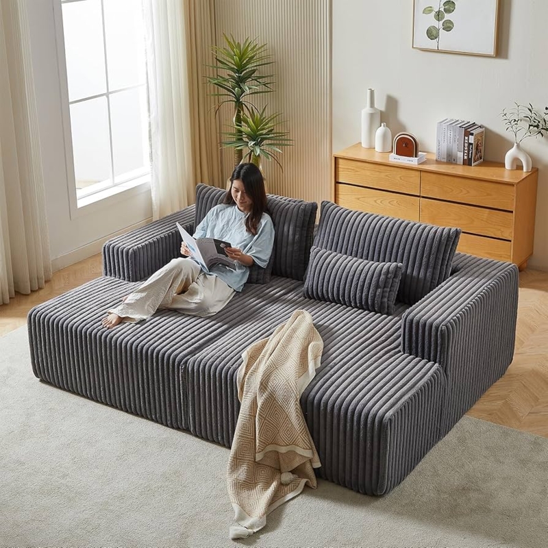 Oversized Chaise Lounge Charcoal Grey Vertical Ribbing Deep Seat Modular