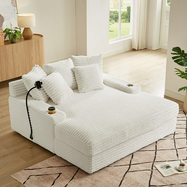 Oversized Chaise Lounge Cream Corduroy Cup Holders Tech Integrated Daybed