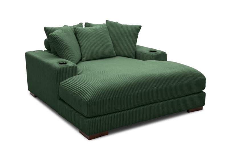 Oversized Chaise Lounge, Forest Green Corduroy, Cup Holders