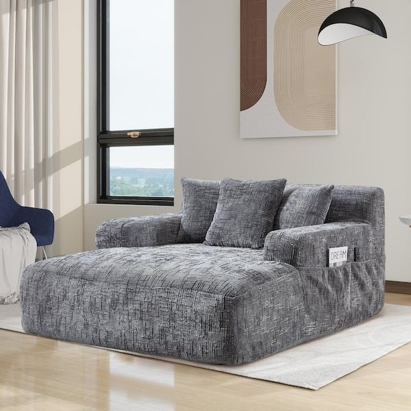 Oversized Chaise Lounge, Grey Chenille, Side Storage Pocket, Textured Bed