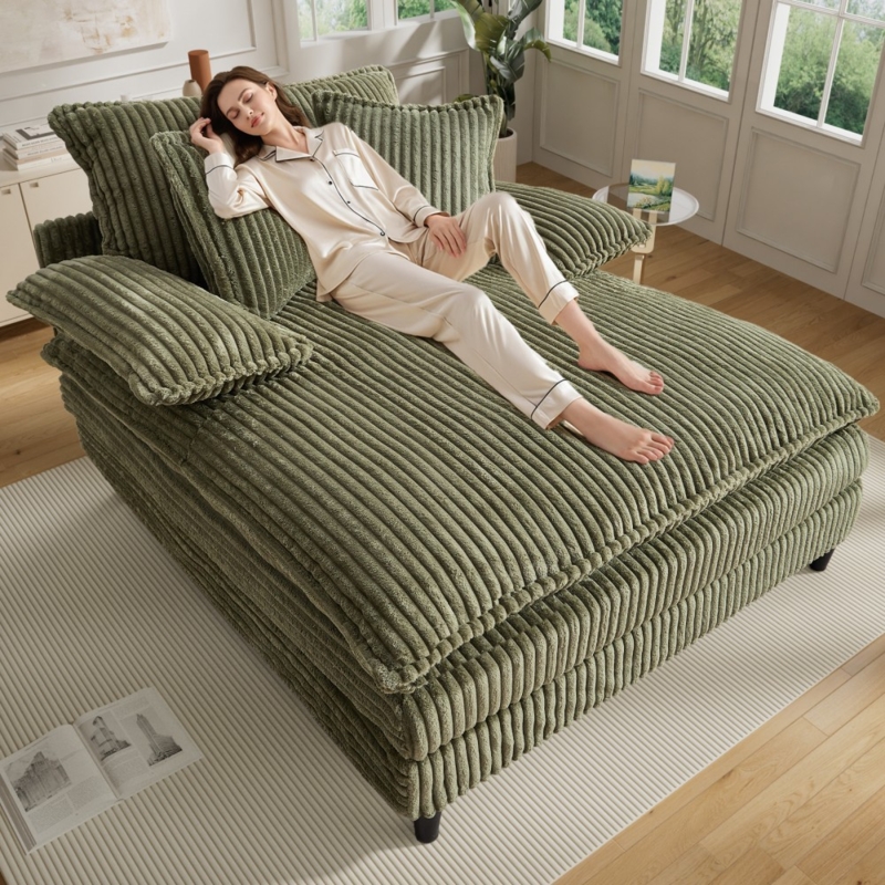 Oversized Chaise Lounge Sage Green Corduroy Ribbing Deep Seat Sofa Chair