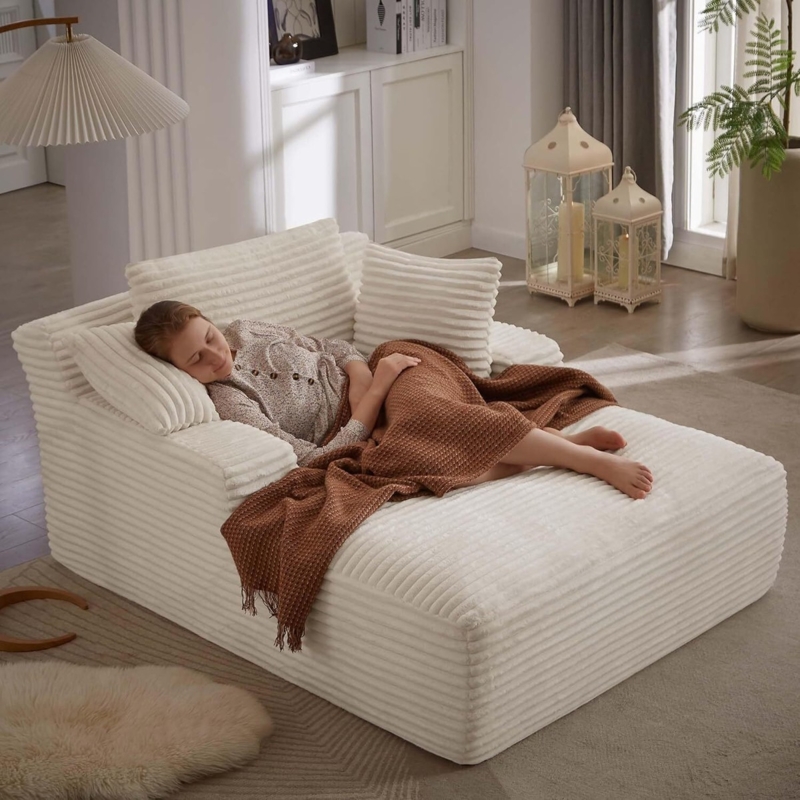 Oversized Chaise Lounge, Wide Ribbed Ivory, Floor Seating