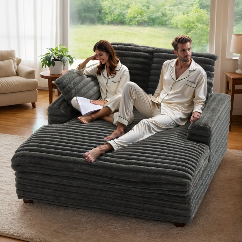 Oversized Chaise, Wide Horizontal Ribbed Corduroy, Charcoal