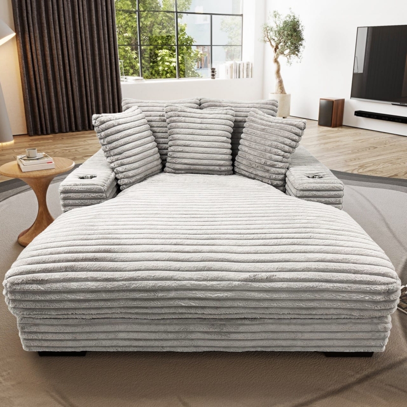 Oversized Chaise, Wide Wale Ribbed, Grey with Cup Holders