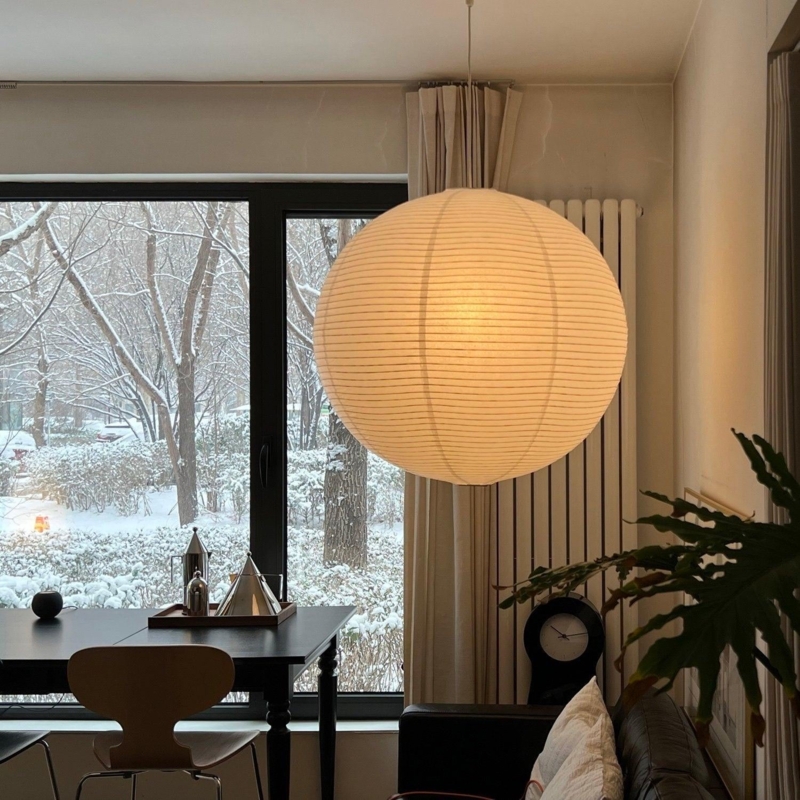 Oversized Paper Pendant Light Spherical Ribbed Rice Paper