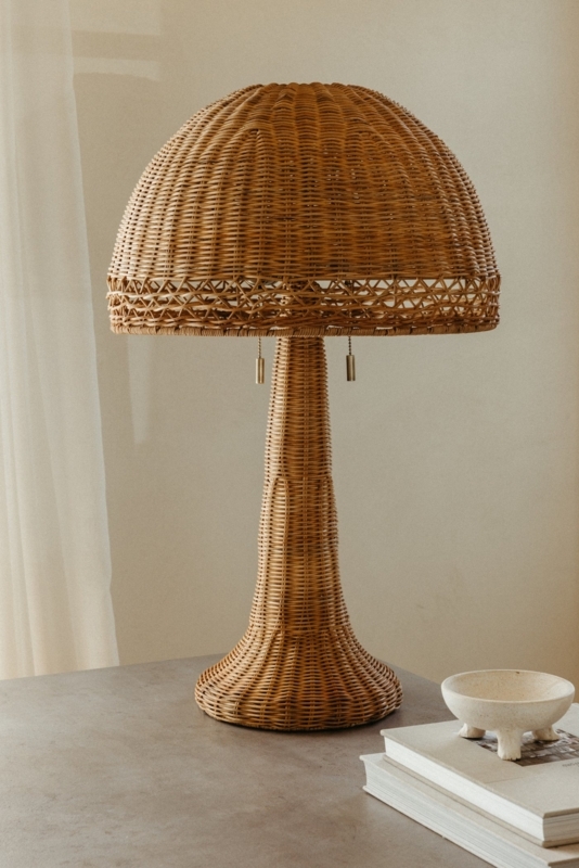 Oversized Rattan Table Lamp with Woven Dome Shade and Pull Chains