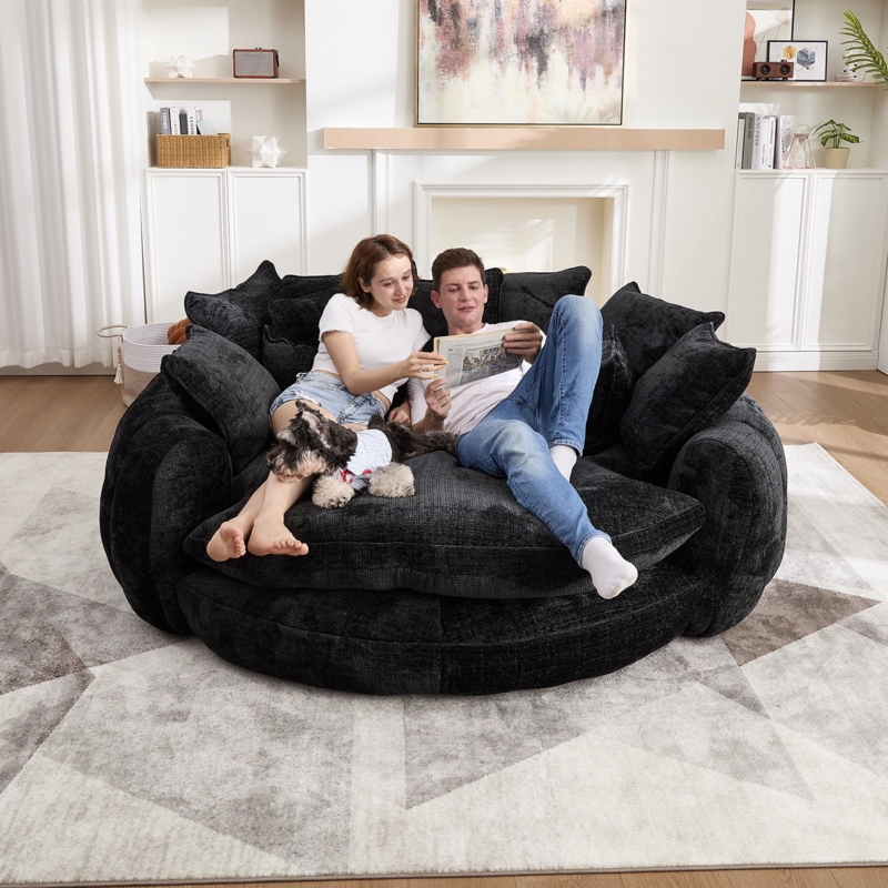Oversized Round Chaise, Circular Silhouette, Charcoal Black, Modern Seating