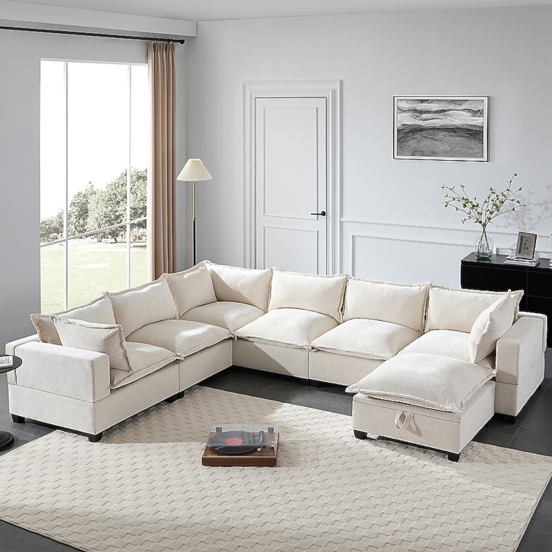 Oversized U-Shaped Sectional Sofa in Beige Chenille with Storage Ottoman
