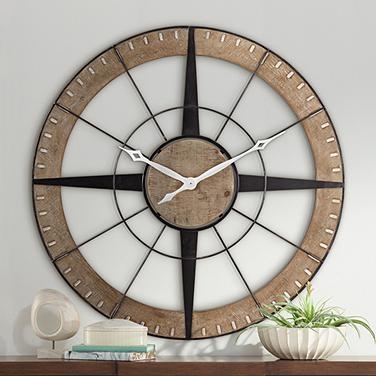 Oversized Wall Clock: Compass Rose Motif, Open Frame Wood-Toned Rim