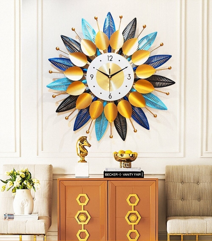Oversized Wall Clock: Sunburst Leaf Motif, Teal and Gold Radial Design