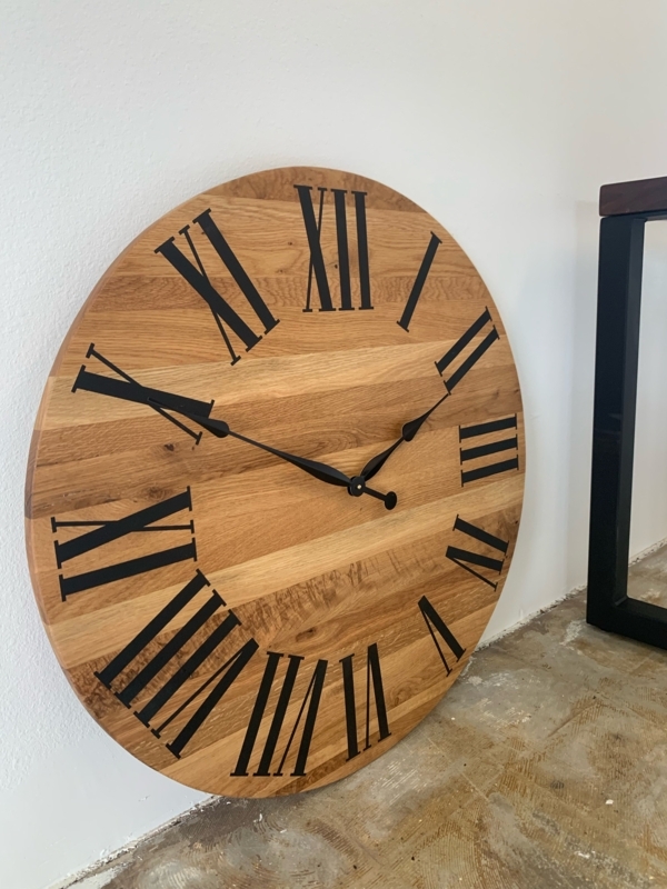 Oversized Wall Clock White Oak Horizontal Planks Roman Numerals
