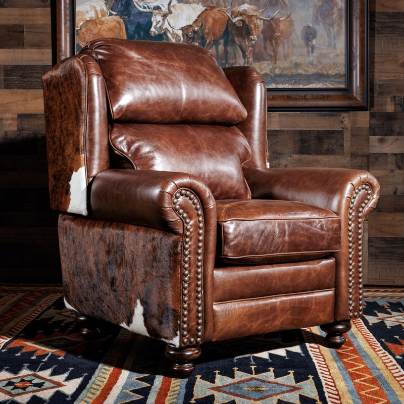 Oversized Wingback Recliner with Cowhide Accents and Nailhead Trim