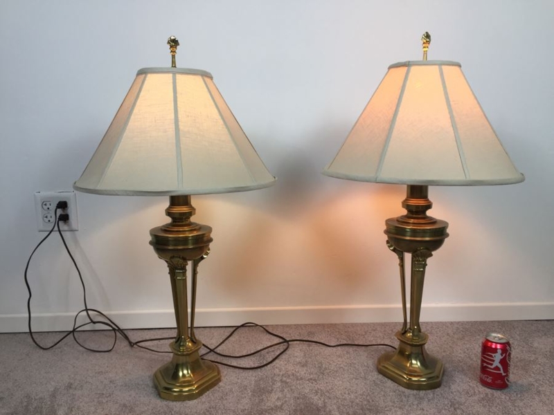 Pair of Solid Brass Table Lamps with Tripod Necks and Empire Shades