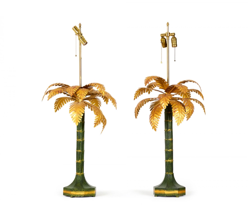 Pair of Table Lamps with Double Sockets, Hand Painted Tole Finish, Chinoiserie.