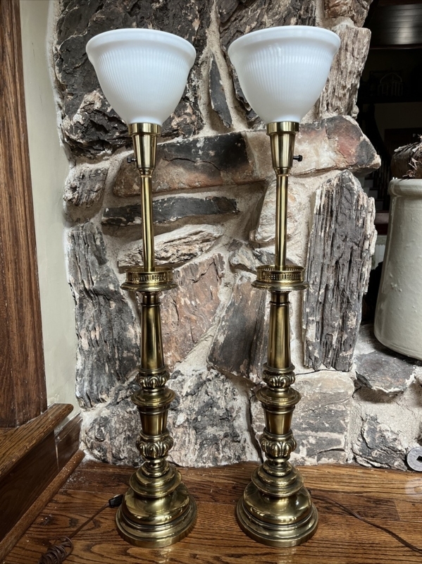 Pair of Vintage Brass Torchiere Lamps with Ribbed Glass Shades