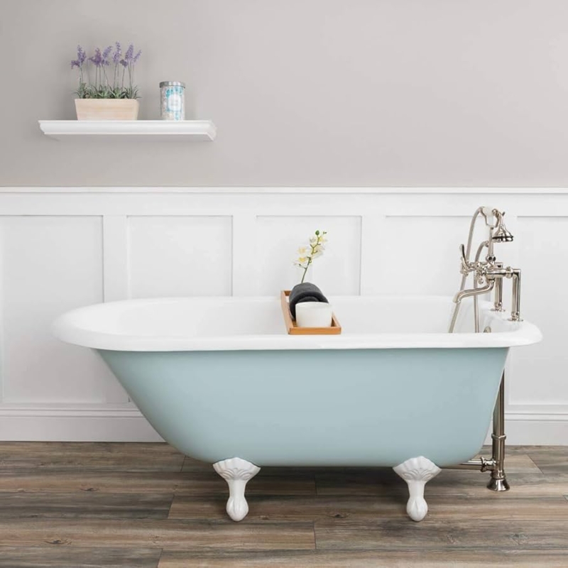 Pale Blue Clawfoot Bathtub with White Decorative Feet & Freestanding Faucet
