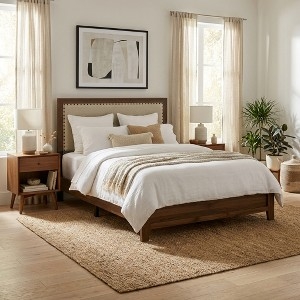 Panel Bed Brown Cherry Finish Nailhead Trim Upholstered