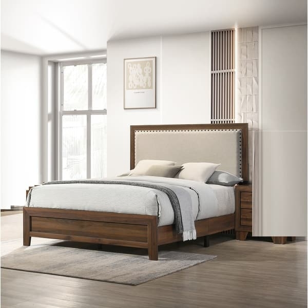 Panel Bed Walnut Finish Nailhead Trim Upholstered Headboard