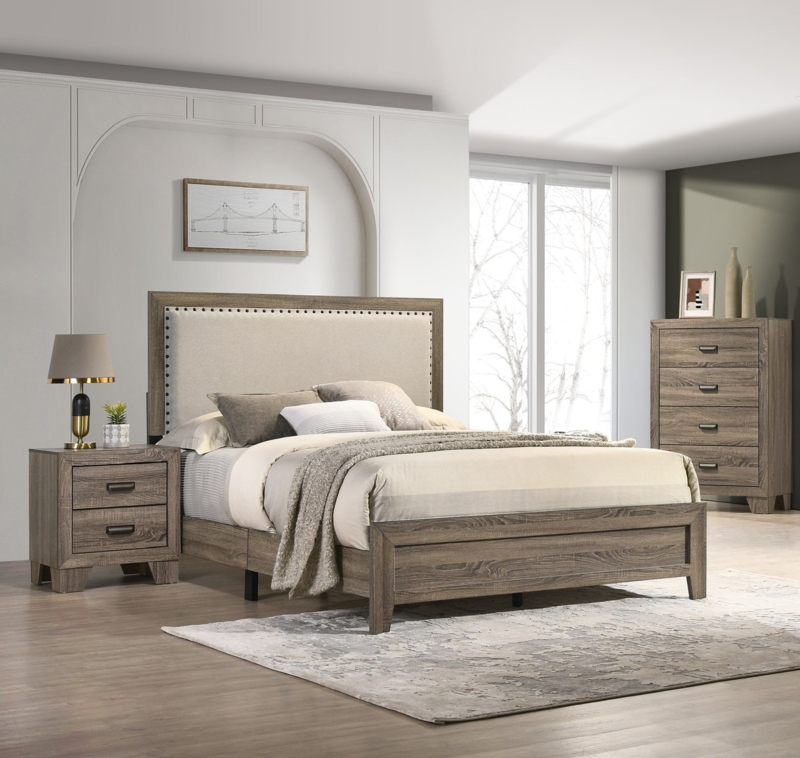 Panel Bed Weathered Grey Finish Fabric Inlay Headboard
