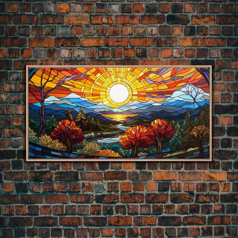 Panoramic Wall Art Vibrant Sunset Palette Stained Glass Landscape