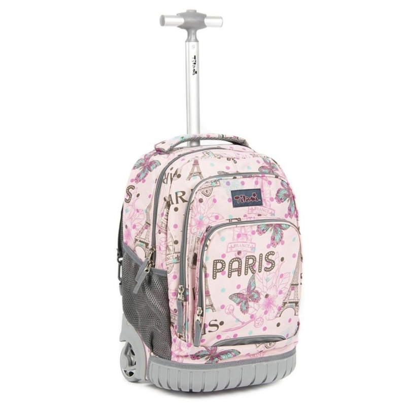 Paris Butterfly Print Rolling Backpack with Protective Ridged Base