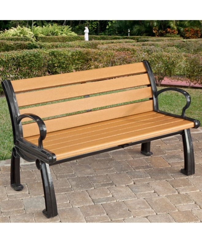 Park Bench in Honey Tan and Black Metal Frame, Traditional Style